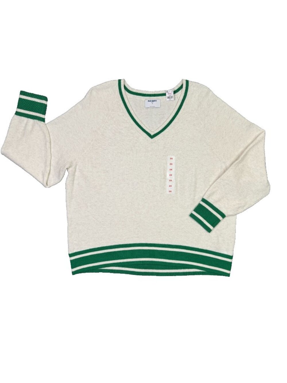 Old Navy SoSoft Sweater Womens 2X Beige Green V Neck Pullover Varsity Tennis NWT
